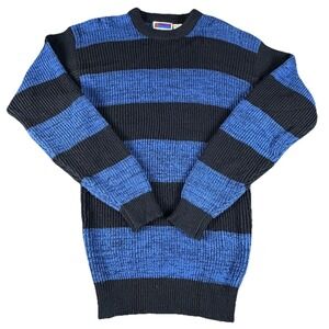 Vintage Sweater Mens L Blue Black Stripe Knit Acrylic Crewneck 90s Korea